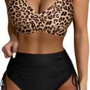 SUUKSESS Womens High Waisted Bikini Sets Tummy Control Drawstring Tie Knot Swimsuit (Medium, Black Leopard)
