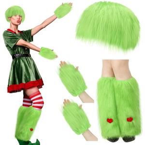 Geyoga 3 Pieces Furry Fuzzy Lime Green Set for Women 16" Long Leg Warmers Faux Fur Hats and Wrist Cuffs Covers Kits Fluffy Winter Gift Outfit for Halloween Costume Christmas Party Accessory