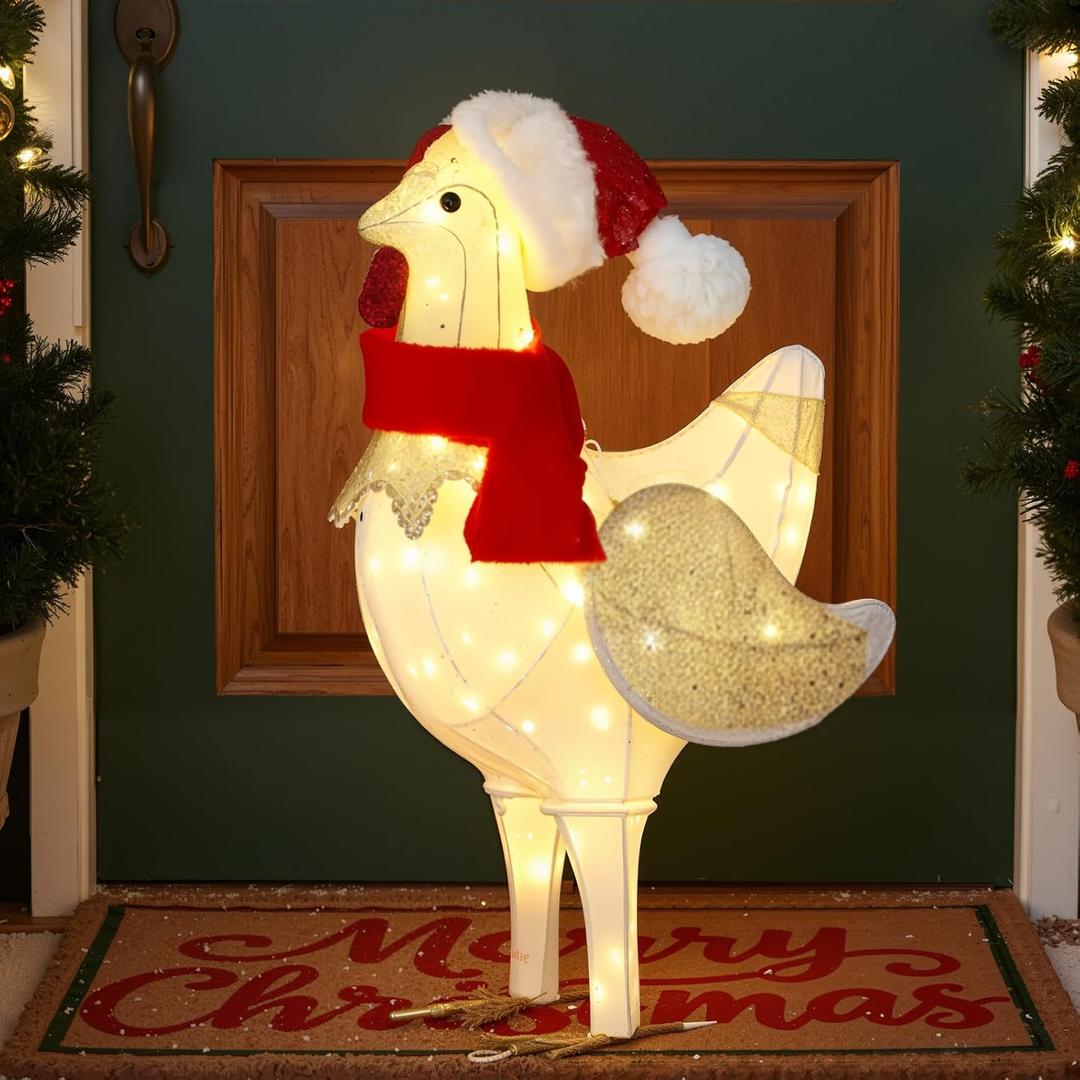 20.8 Inch Light Up Chicken Christmas Decoration Outdoor Large Glitter Chicken with LED Lights and Metal Frame Pre Lit Christmas Decor for Garden Yard Lawn Porch Holiday Supplies