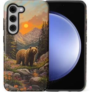Compatible with Samsung Galaxy S25 Plus Glossy Case for Girl Boy Full Body Design Soft Silicone Drop Shock Scratch Protection Crazy Pattern Brown Bear Forest Colorful Flowers Mountains