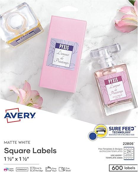 Avery Printable Blank Square Labels, 1.5" x 1.5", Matte White, 600 Customizable Labels (22805)