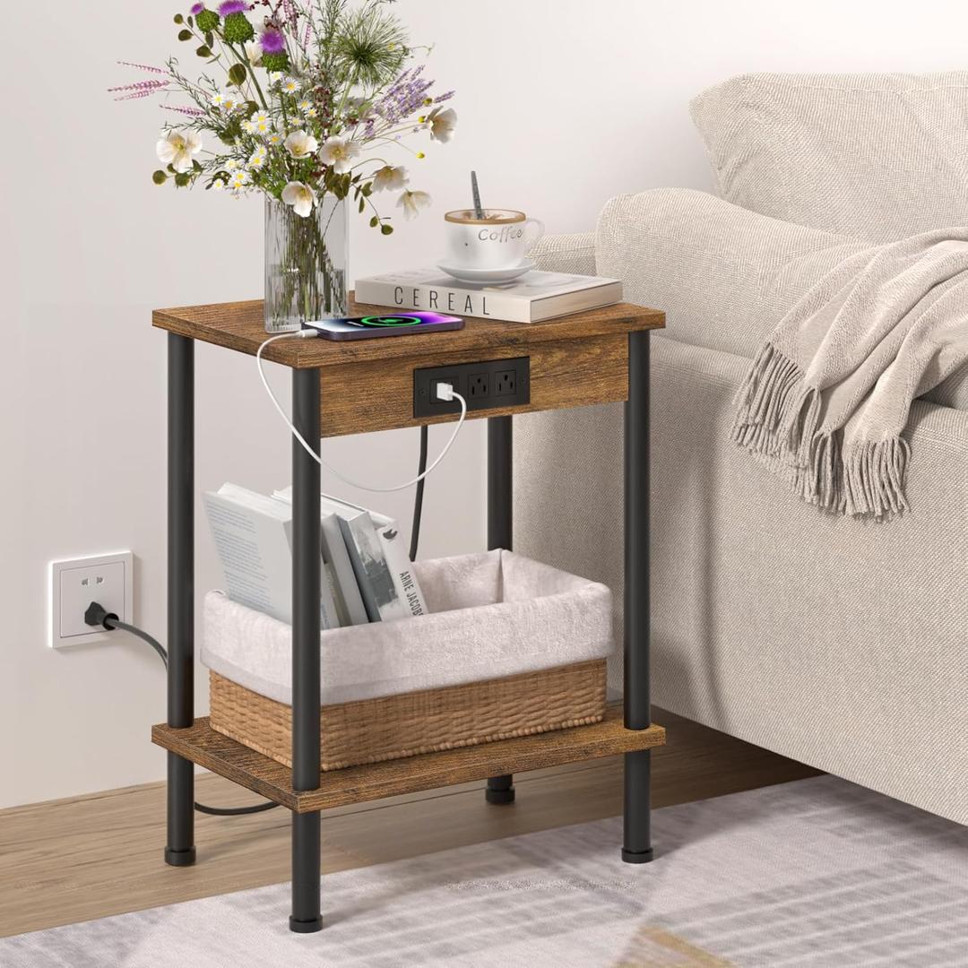 End Table with Charging Station,Small Side Table,2-Tier Nightstand with Storage Shelf,Sofa Bedside Table for Small Spaces in Living Room,Bedroom,Office,Easy Assembly,Rustic Brown