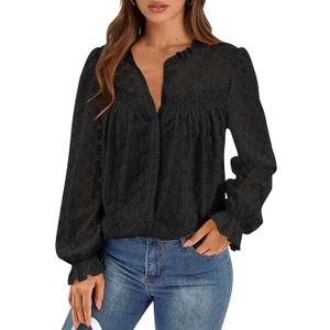 PRETTYGARDEN Lace Long Sleeve Shirts Fall Outfits for Women 2025 Casual Button Down Going Out Tops Hollow Out Eyelet Blouses (X-Large, Black)