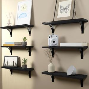 Reinforced Steel Bracket Hanging Shelves for Wall Black - Easy to Install, Template and Video Included - Long Black Shelf for Wall, Hanging Shelves, Book Shelves for Wall (Iron Bracket - 6 Pack)