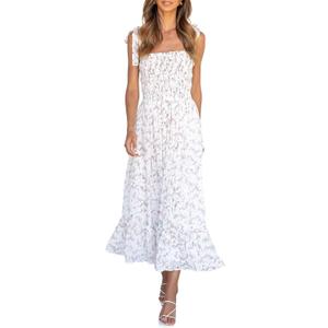 Imily Bela Womens Summer Dress Tie Strap Boho Floral Beach Dress Square Neck Ruffle Sun Dresses A Line Smocked Maxi Dress (Medium, White)