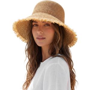 Beach Hats for Women - Straw Bucket Hats for Women, Packable Sun Hat Womens with Chin Strap, UPF 50+ Summer Protection (Beige)