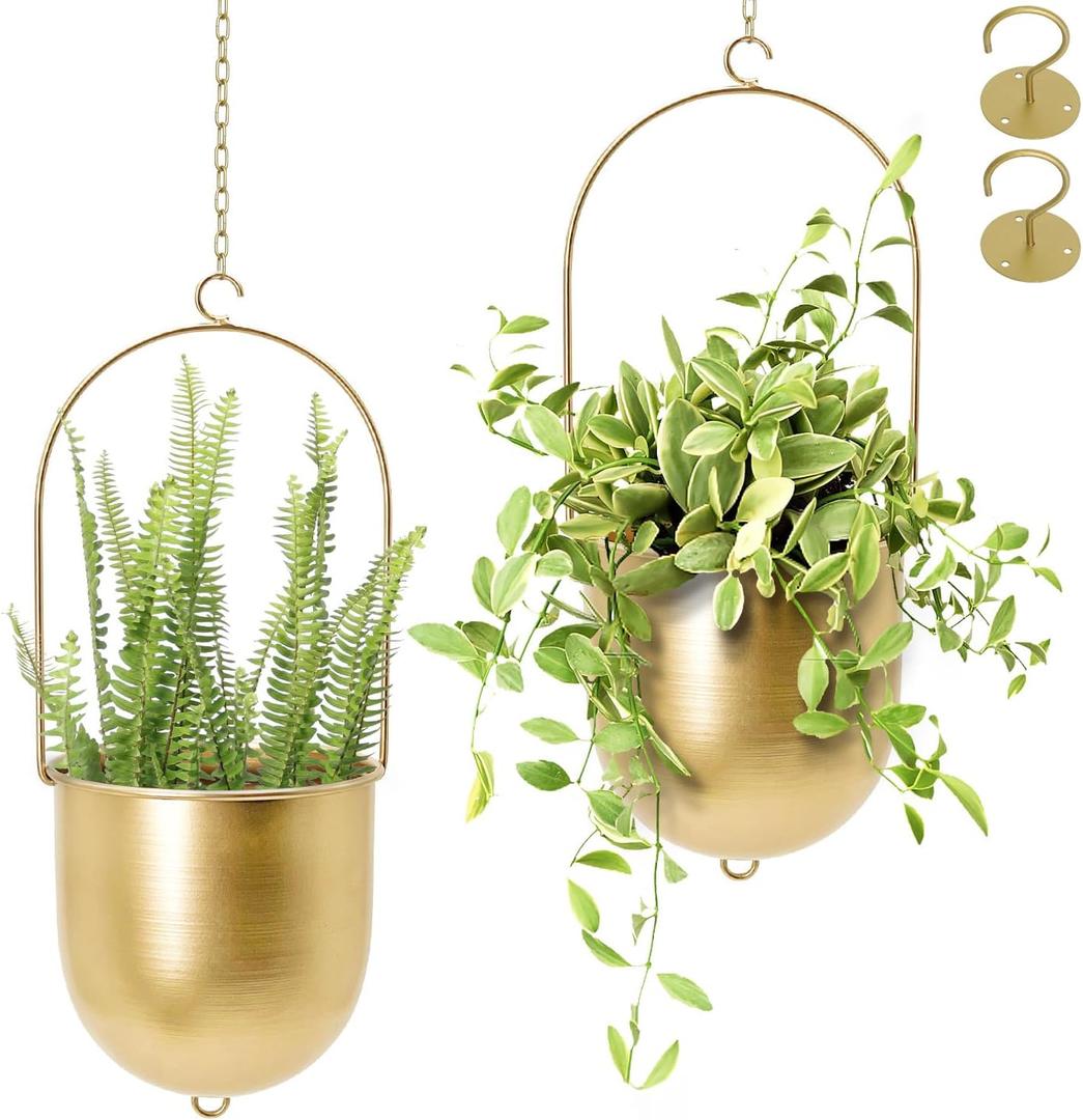 AceList Boho Hanging Planter, Set of 2 Gold Metal Plant Hanger with Hooks and Chains, Modern Wall & Ceiling Planters Outdoor/Indoor Hanging Planter for Window, Porch, Balcony and Home Décor