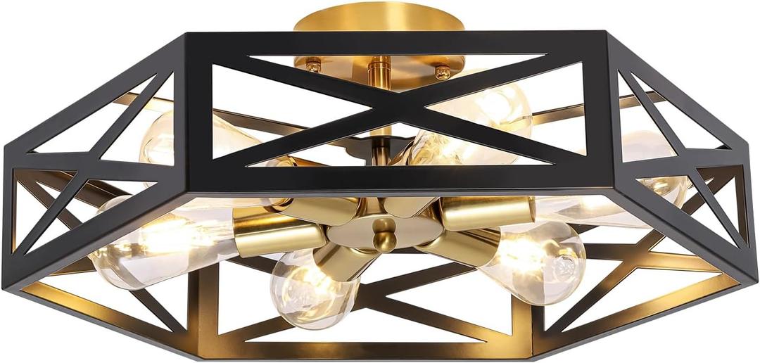 6-Light Semi Flush Mount Ceiling Light, Large Black and Gold Fixtures Ceiling Mount with Hexagon Cage, Metal Industrial Close to Ceiling Light for Hallway, Kitchen, Bedroom (19.68''L)