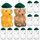 Willinglong 12 Pcs 15 oz Bear Cups Cute Clear Bear Plastic Bottle Mug with Lid and Mini Knit Hat for Juice Milk Tea Beverage Birthday Wedding Party Favors(Straw Not Included) (Green)