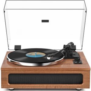 All-in-One Vintage Record Player High Fidelity Belt Drive Turntable for Vinyl Records Built-in 2 Tweeter and 2 Bass Stereo Speakers, Vinyl Player with MM Cartridge, Bluetooth, Aux-in, RCA, Auto Stop (Brown)