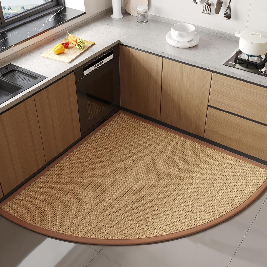 Corner Kitchen Rugs Non Slip Washable, Rubber Backed Circular Sector Kitchen Mats for Floor, Super Absorbent Imitation Linen Braided Kitchen Floor Mat for Sink Corner Areas Brown, Radius 39"