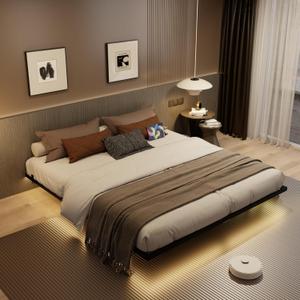 Floating Bed Frame King Size with Charging Station and LED Lights, Metal Platform Bed Frame, No Box Spring Needed, Easy Assembly, (King) (Black)