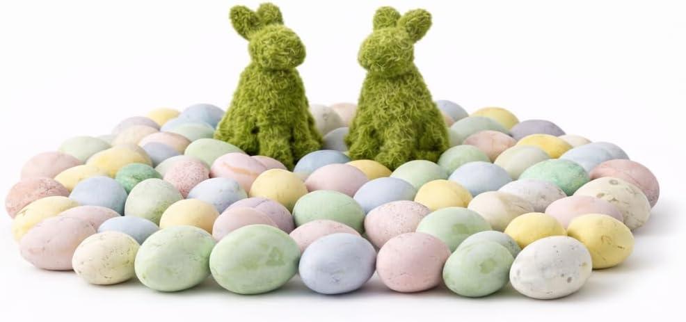 Modern Spring Easter Tabletop Decor Set, Decorative Easter Eggs with 50 Speckled Eggs and 2 Moss Bunnies  A Subtle, Adult-Friendly Accent for Entryways, Sideboards and Mantels