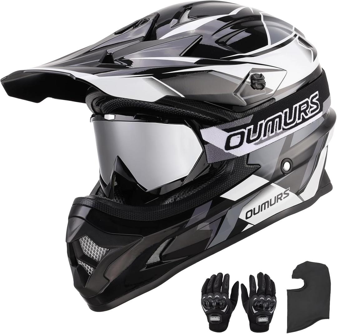 OUMURS DOT Adult ATV Dirt Bike Helmet with Goggles Gloves & Mask Adjustable Sun Visor Motorcycle Adults Helmet Off-Road Motocross Downhill Moped MX for Unisex-Adult-Victory Gray, L