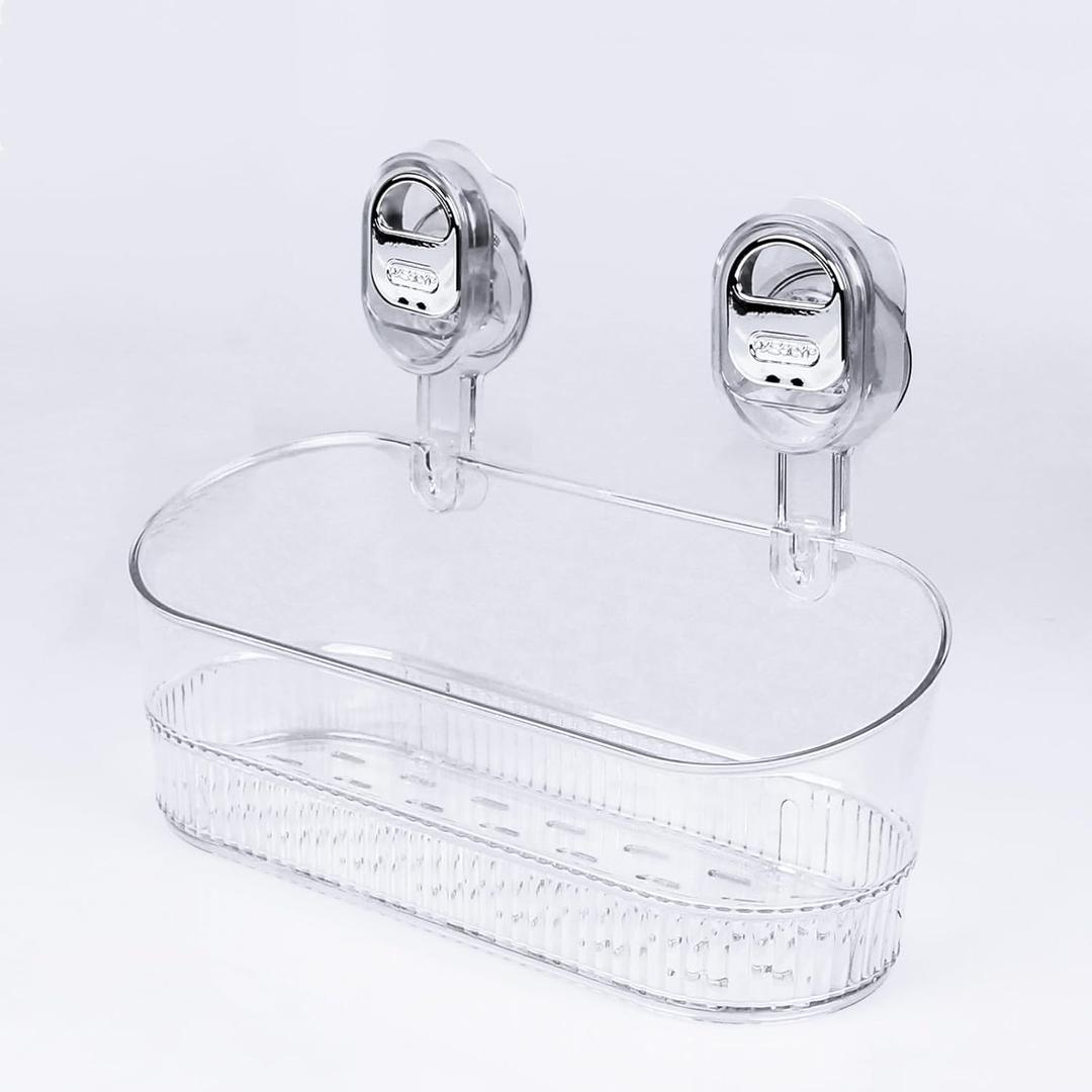 No Drill Bathroom Organizer with Strong Suction Cups, Heavy Duty Shower Organizer Holds 10lbs, Bathroom Shelf for Shampoo, Soap, Razor, Toothbrush (transparent)