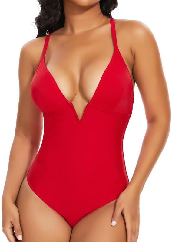 SHAPERIN Women's One Piece Swimsuit Deep V Neck Bathing Suits Tummy Control Push Up Padded Swimwear (Medium, Red)