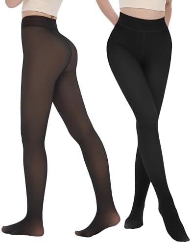 iceROSE Fleece Lined Tights Women - Sheer Black Thermal Leggings Thick Warm Pantyhose Fake Translucent Dress for Cold Winter, Size S/M