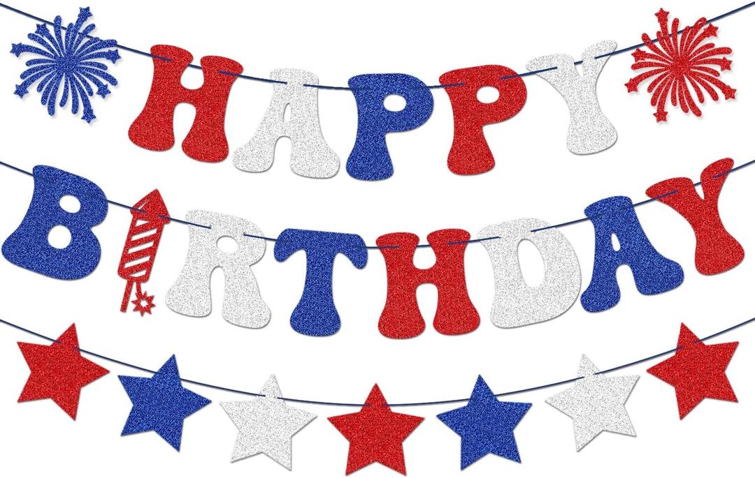 4th of July Happy Birthday Banner - Red, White + Blue Paper Glitter, 4th of July Birthday Decorations, USA Stars Banner, America Independence Day Veterans Day Birthday Party Favors