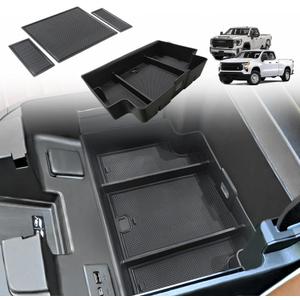 Muslogy Center Console Organizer Compatible with 2022-2026 Chevy Silverado/GMC Sierra 1500, 2024-2026 Silverado & Sierra 2500 3500HD Armrest Storage - Full w/Bucket Seats ONLY(Console Tray&Mats Set)
