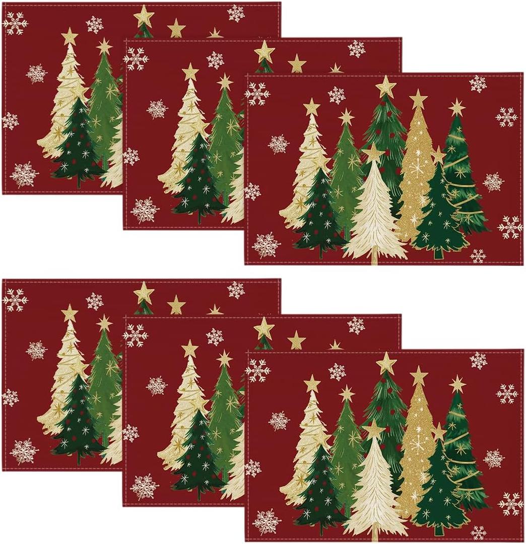 Artoid Mode Xmas Trees Snowflakes Winter Placemats Set of 6, 12x18 Inch Seasonal Red Christmas Table Mats for Party Kitchen Dining Decoration