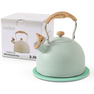 LONFFERY Tea Kettle for Stove Top, 2.5 Quart Whistling Tea Kettle, with Food Grade Stainless Steel and Wood Pattern Folding Handle, Turquoise