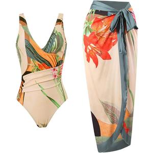 Womens One Piece Floral Bathing Suit with Beach Cover up Wrap Skirt Two Piece Tummy Control Monokini Set Swimsuit (X-Large, 3015-orange)