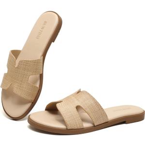 Womens Flat Sandals Dressy Summer Slides Comfortable Casual Open Toe Vacation Sandals Slip On Slides Leather Sandals for Women (8, Raffia)