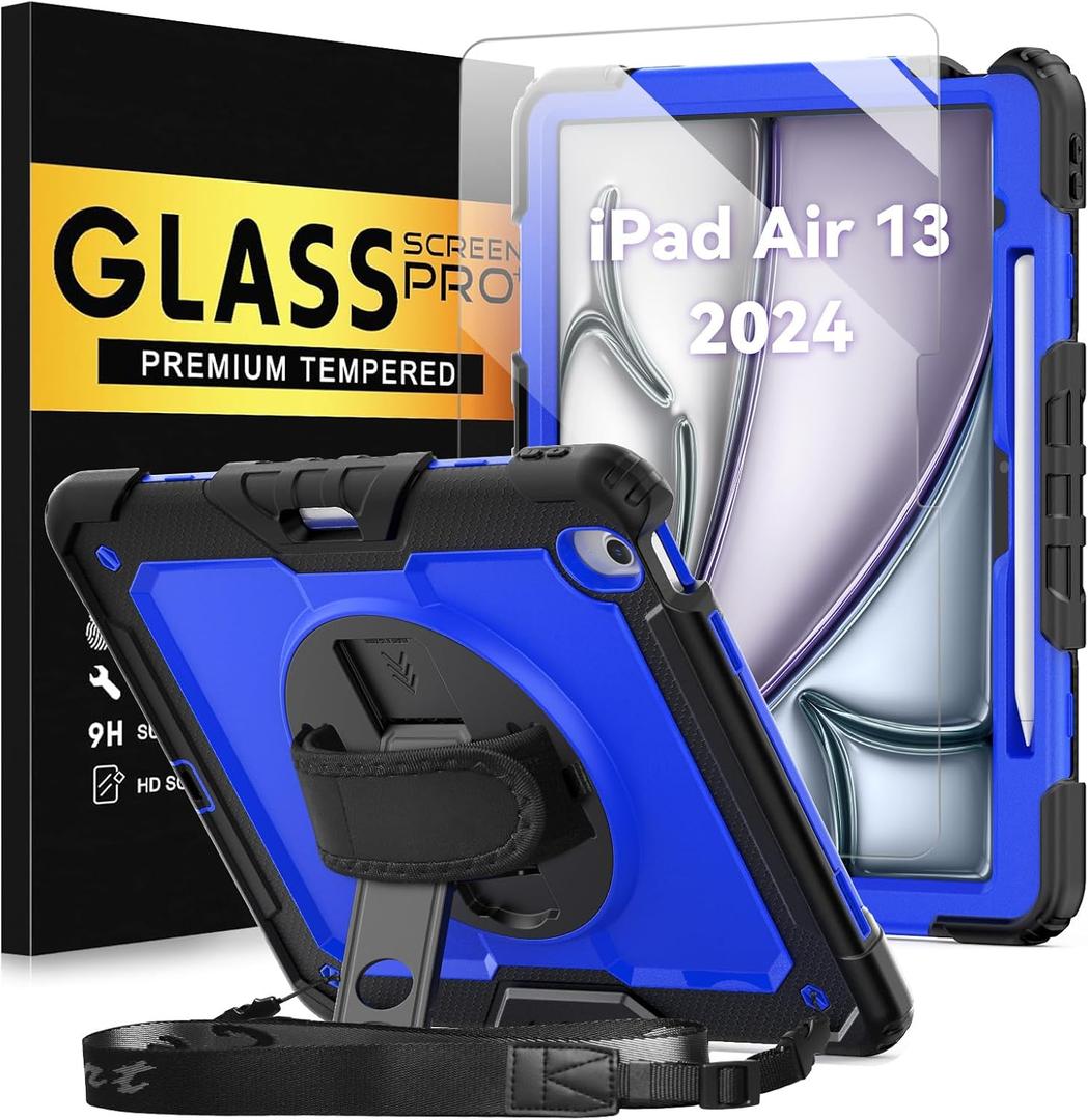 BLOSOMEET Protective Case for iPad Air 13 Inch Case M3 2025 & M2 2024 with Tempered Glass Screen Protector & Pencil Holder,Rugged Cover for iPad Air M2 with Stand Hand Shoulder Strap (Blue)