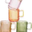 Ribbed Glass Coffee Mug with bamboo lids and handle, so cute, 12oz Tea Drinking Glasses, Fluted Design, Ideal for Water, Iced Coffee, Juice, Latte, Milk, Gift (Colored)