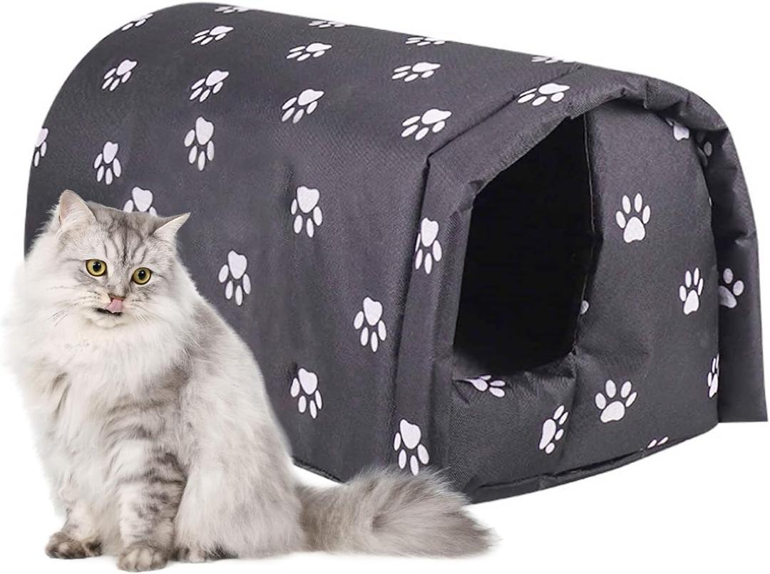 Fhiny Stray Cats Shelter, Waterproof Outdoor Cat House Foldable Warm Pet Cave for Winter Wild Animal Tent Bed Anti-Slip Kitten Cave for Feral Cat Dog Puppy Weatherproof Black (M:17.7"×15.7"×13.7")