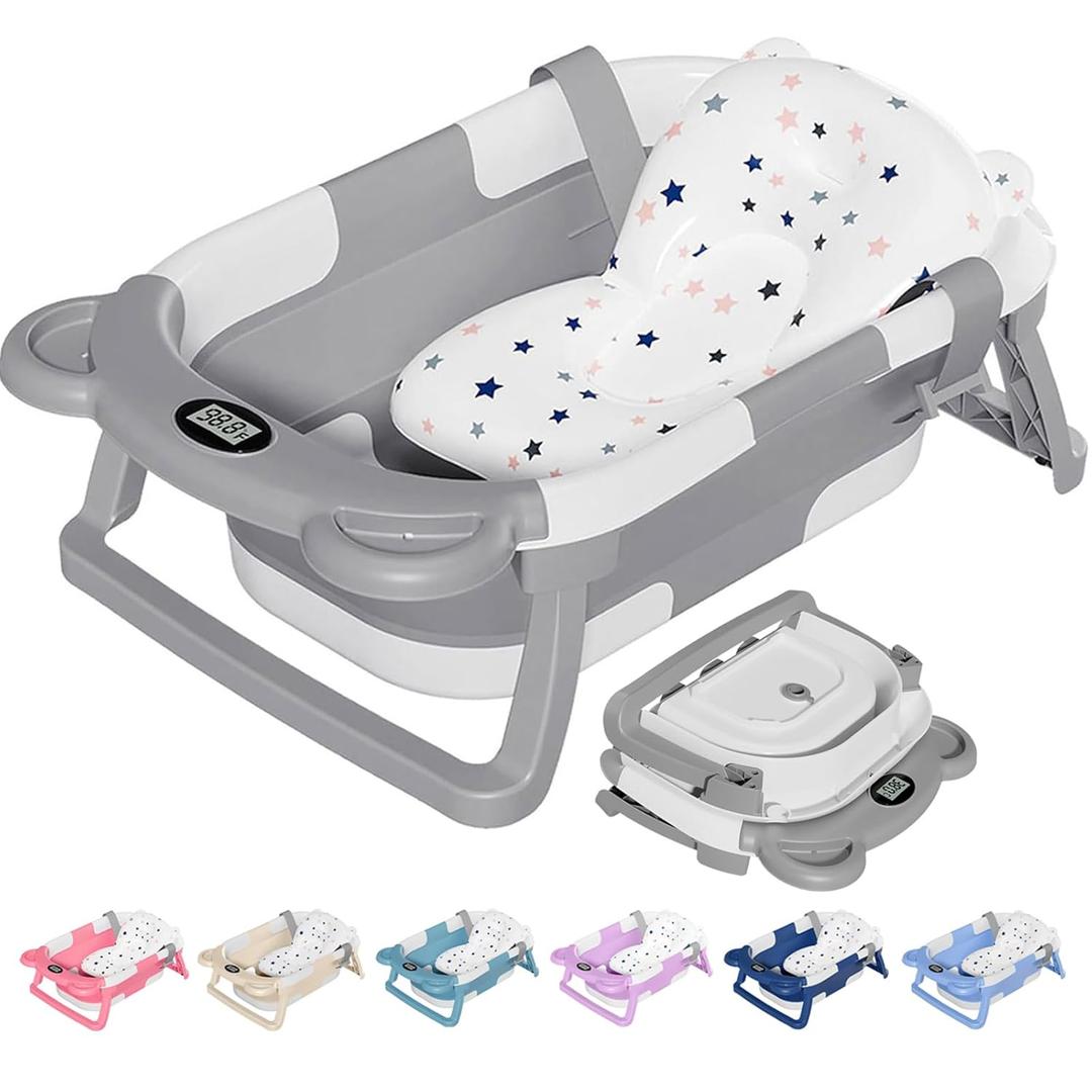 TPN Collapsible Baby Bathtub, Baby Bath Tub with Soft Cushion & Real-Time Thermometer, Baby Bathtub Infant to Toddler Tub (0-36 Months), Portable Newborn Travel Bath tub (Grey)