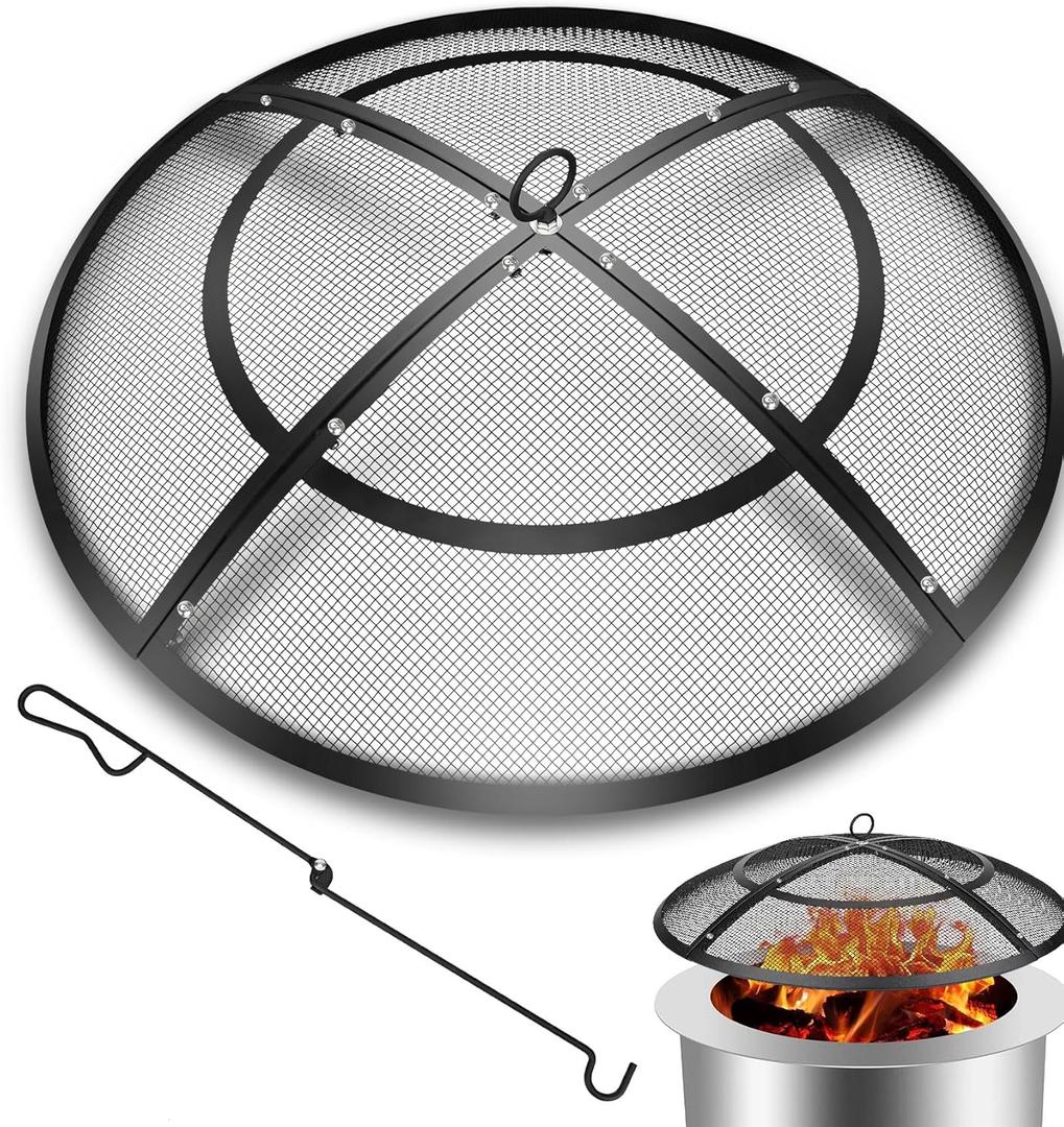 Fire Pit Spark Screen,36 Inch Fire Pit Screen Cover Outdoor with Handle&Poker,Heavy-Duty Steel Firepit Screens Cover Round Mesh Replacement for Backyard/Beach/RV Camping (Metal)