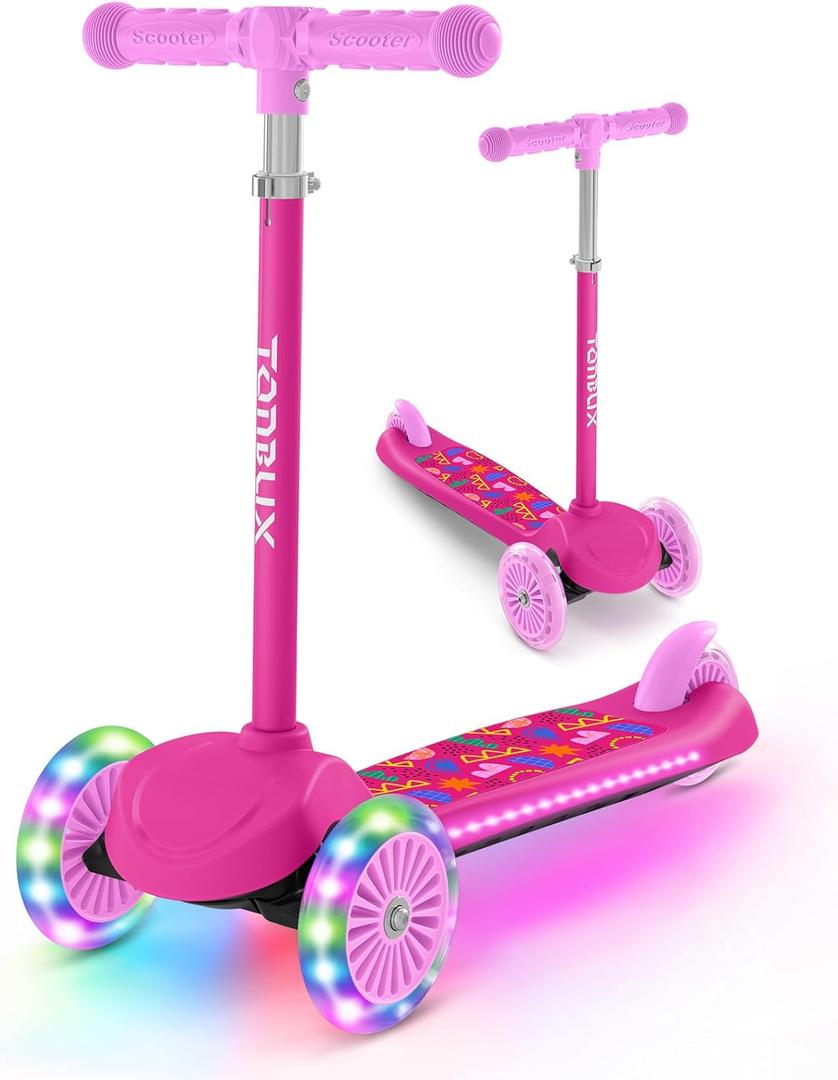 TONBUX Kids Scooter for Ages 3-8, Toddler Scooter with Light-Up Deck and Wheels, Adjustable 4-Level Height 3-Wheel Scooters for Kids, Lean-to-Steer Design
