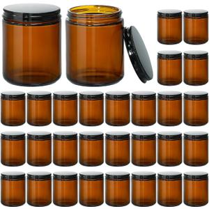 KEYWING 8 oz Candle Jars with Lids, 30 Pack Amber Glass Jars with Black Metal Lids, Round Candle Containers, Empty Jar for Making Candles, Powder, Liquid, Cream