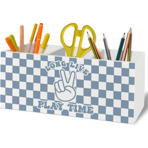 Blue Checkered Classroom Pen Pencil Holder Organizer for Desk Accessories, Trendy Preppy Long Live Play Time Wooden Box Sign Desk Decor for Kids Boys Room Bedroom Playroom Decoration