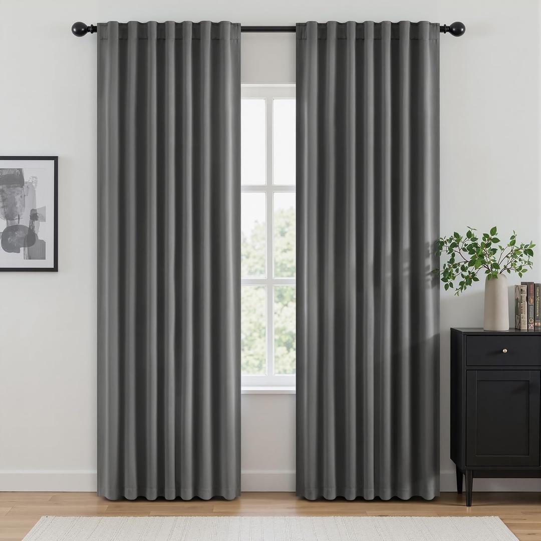 ANRODUO Rod Pocket and Back Tab Pleated Blackout Curtains with Hooks, Rings, Grey Curtains 96 Inches Long 2 Panels, Thermal Insulated Room Darkening Living Room Bedroom Curtain, 42x96 Inches