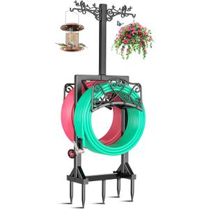 ODSNANIE Garden Hose Holder for Outside,Water Hose Holders with 2 Bird Statue Shepherds Hooks & 5 Spikes,Double-Sided Freestanding Hose Stand Heavy Duty Hose Storage Rack for Outdoor Yard Lawn Farm (Black-1)