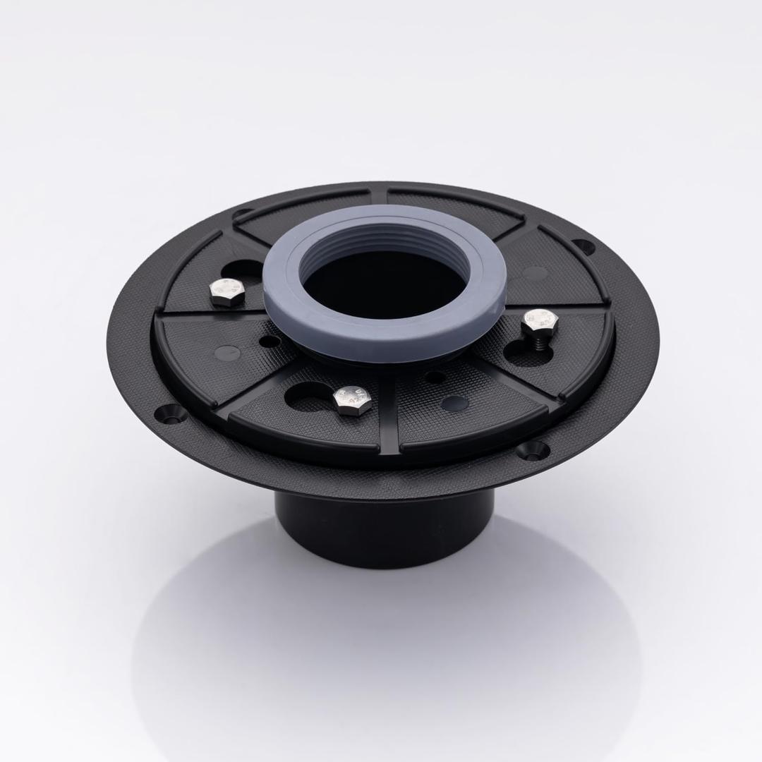 2-Inch Adjustable Shower Drain Flange Base - Black ABS/PVC Compatible Linear/Square Floor Drain with Threaded Ring and Rubber Gasket, Leak Proof Design for Tile Installation