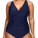 Aqua Eve Women Plus Size One Piece Swimsuits V Neck Tummy Control Bathing Suits Retro Ruched Swimwear Blue 20W