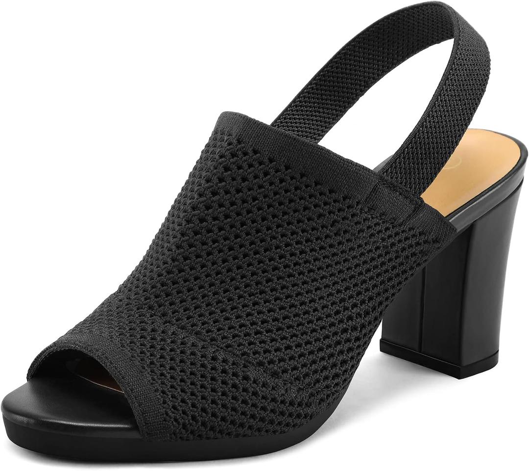 Mysoft Women's Knit Chunky Block High Heels Elastic Slingback Open Toe 3 Inch Heeled Sandals,Black,8.5 W US