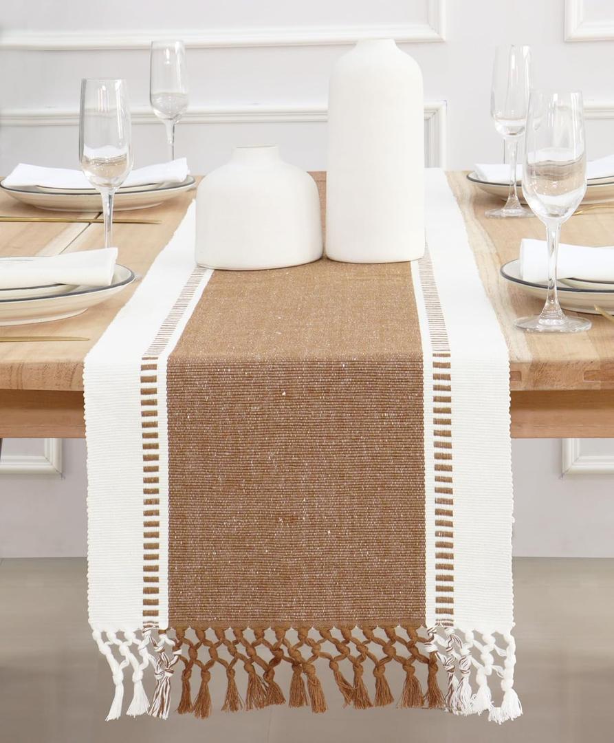 PurpleEssences Table Runner - Wide with Dobby Stripe, Heavy Ribbed Weave & Double Knot Fringes, 14x72 Inch (14x77.5 with Fringes) for Summer Boho Farmhouse Decor - Nut Brown and H.White