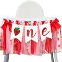 Strawberry One High Chair Banner - Strawberry 1st Birthday Party Decoration Banner, Sweet Berry First Birthday Party Supplies Highchair Banner, Berry Sign Anniversary Milestone Cake Smash Photo Props Banner