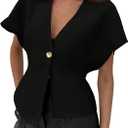 MakeMeChic Women's V Neck Blazer Top Single Button Short Sleeve Plain Office Suit Blazers (Black, S)