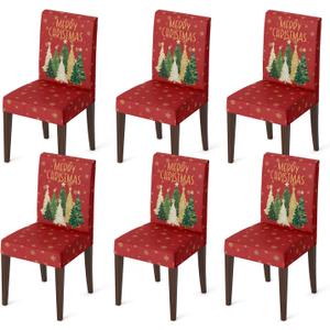 Horaldaily 6PCS Christmas Dining Red Chair Covers, Christmas Pine Tree Stars Stretch Removable Washable Slipcover Chair Protector for Dining Room Home Decor