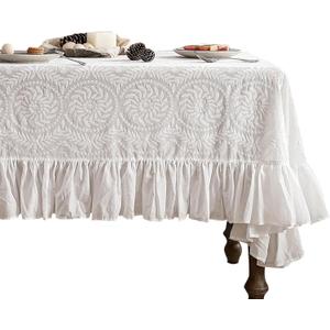 patdrea Vintage Ruffle Tablecloth for Rectangle Tables, Farmhouse Embroidered Cotton White Lace Table Cloth Cover Decor for Dining Room Wedding Banquet Thanksgiving Christmas, 59"*83"