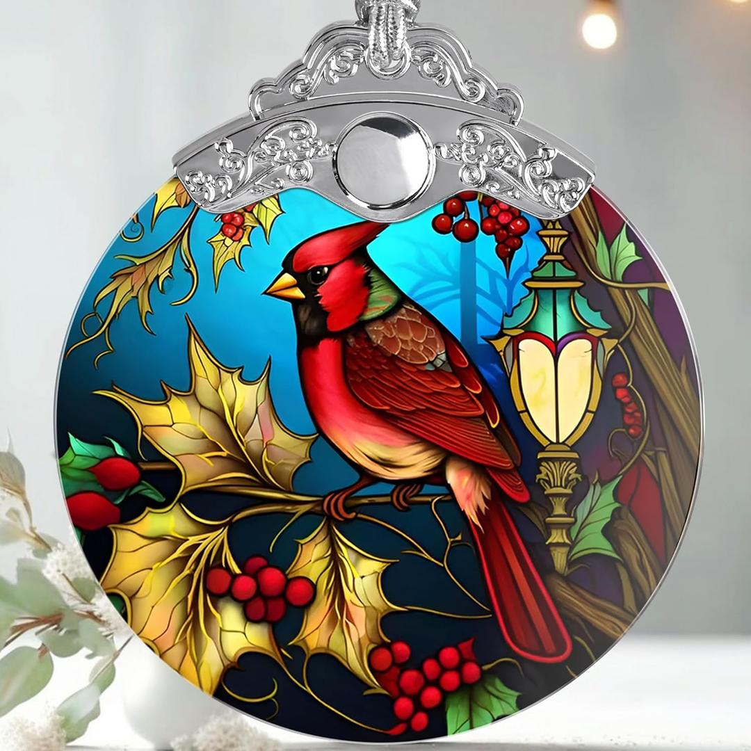 Christmas Ornament - Red Bird Cardinal Stained Glass Decor - Holiday Decorations and Xmas Gift Ideas for Tree
