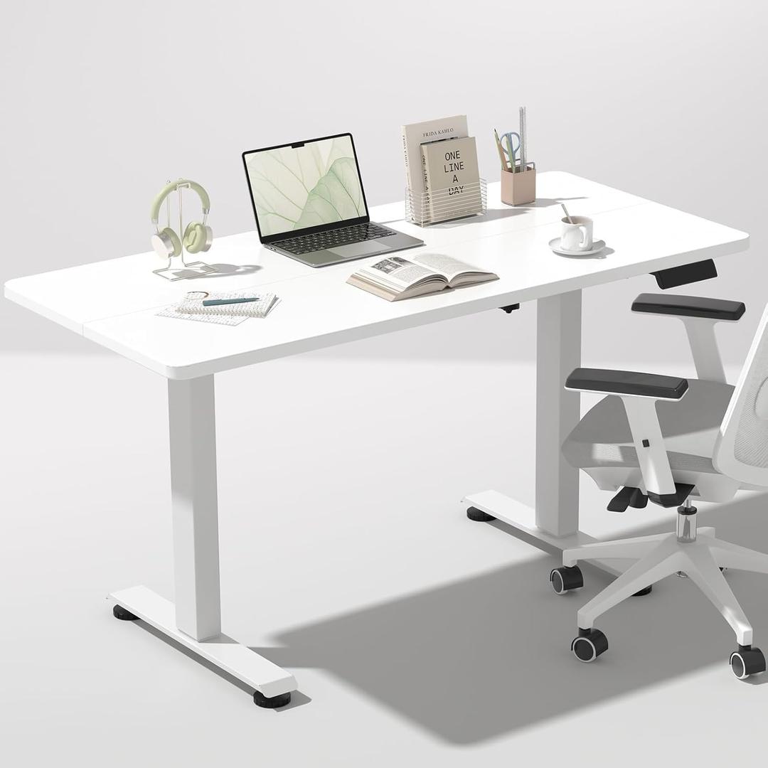 Veken 47.2 Inch Electric Standing Desk, Height Adjustable Sit Stand Up, Wood Desktop, Work Home Office Computer PC Desks, Gaming Writing Study Bedroom Rising Table, Tall Standup Workstation, White