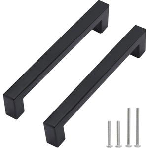 Cabinet Pulls Matte Black Cabinet Handles Square Drawer Pulls, 10 Pack 5 Inch Stainless Steel Kitchen Door Cupboard Cabinet Handles, Drawer Hardware Handles, 128mm Hole Centers