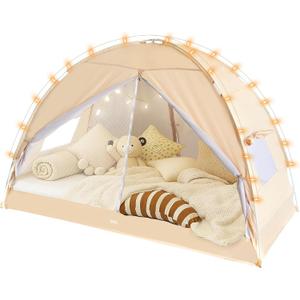 LEEDOR Bed Tent Dream Tents Bed Canopy Shelter Cabin Indoor Privacy Warm Breathable Pop Up Twin/Full/Queen for Kids and Adult Patent Pending(Mattress Not Included) (54"W x 75"L (Pack of 1), Beigewith String Lights)
