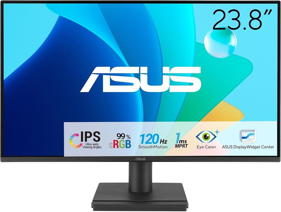 ASUS 24 (23.8-inch viewable) 1080P VA249HG Eye Care Monitor IPS, Full HD, 99% sRGB, Frameless, 120Hz, Adaptive-Sync, 1ms, HDMI, VGA, Low Blue Light, Flicker Free, Wall Mountable